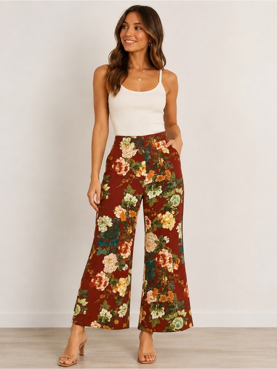 Chico's Pants - Chico’s Size 1.5R Rust Floral Wide Leg Crop Palazzo Pants Elastic Waist Women M